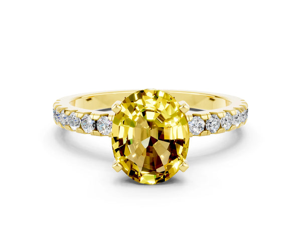 Yellow gold Oval Cut Yellow Sapphire Solitaire Ring with Round  Pavé Band and Four-Prong Setting