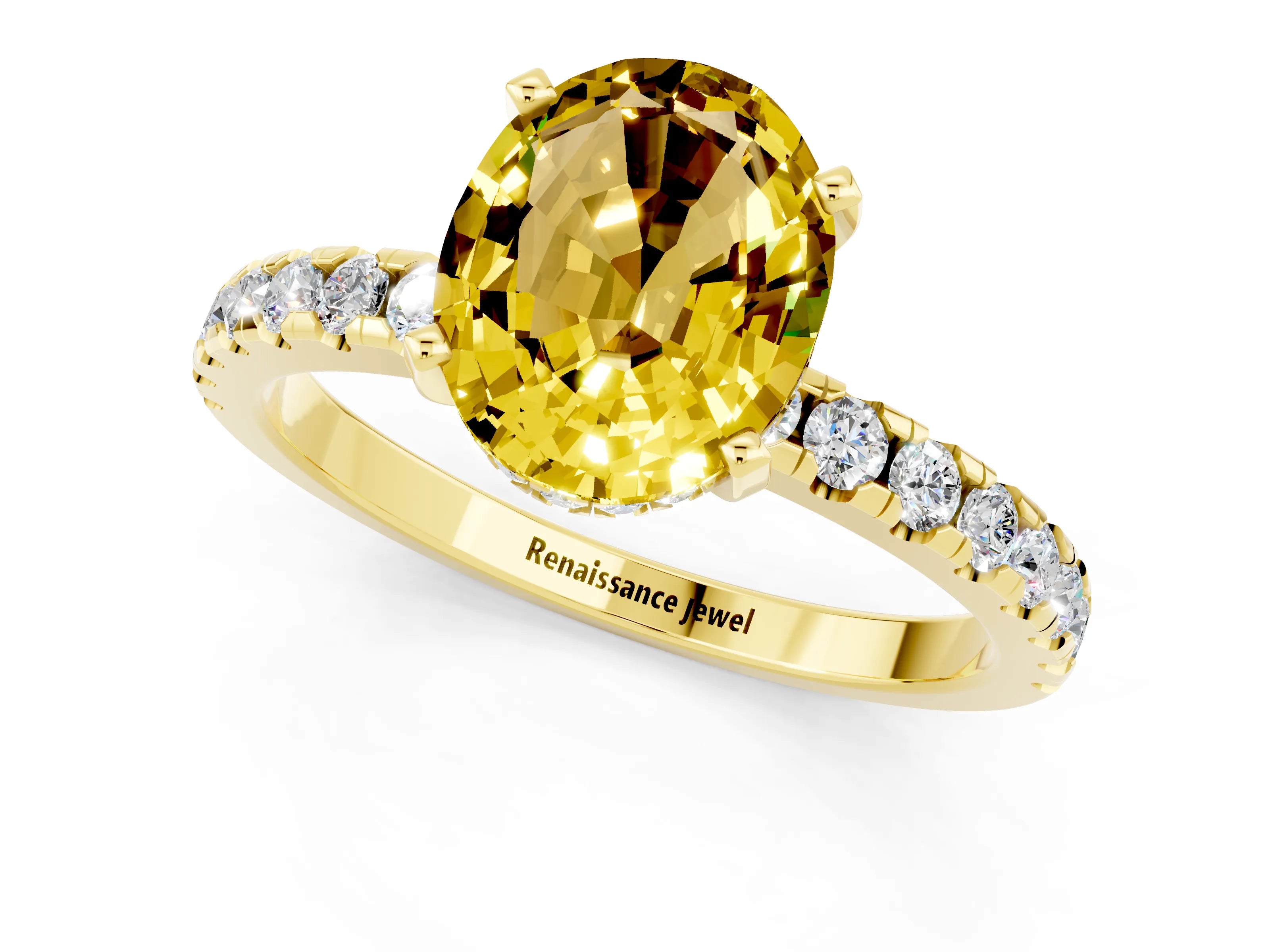 Yellow gold Oval Cut Yellow Sapphire Solitaire Ring with Pavé Band and Four-Prong Setting_61