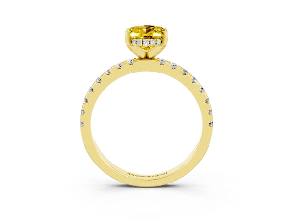 Yellow gold Oval Cut Yellow Sapphire Solitaire Ring with Round  Pavé Band and Four-Prong Setting