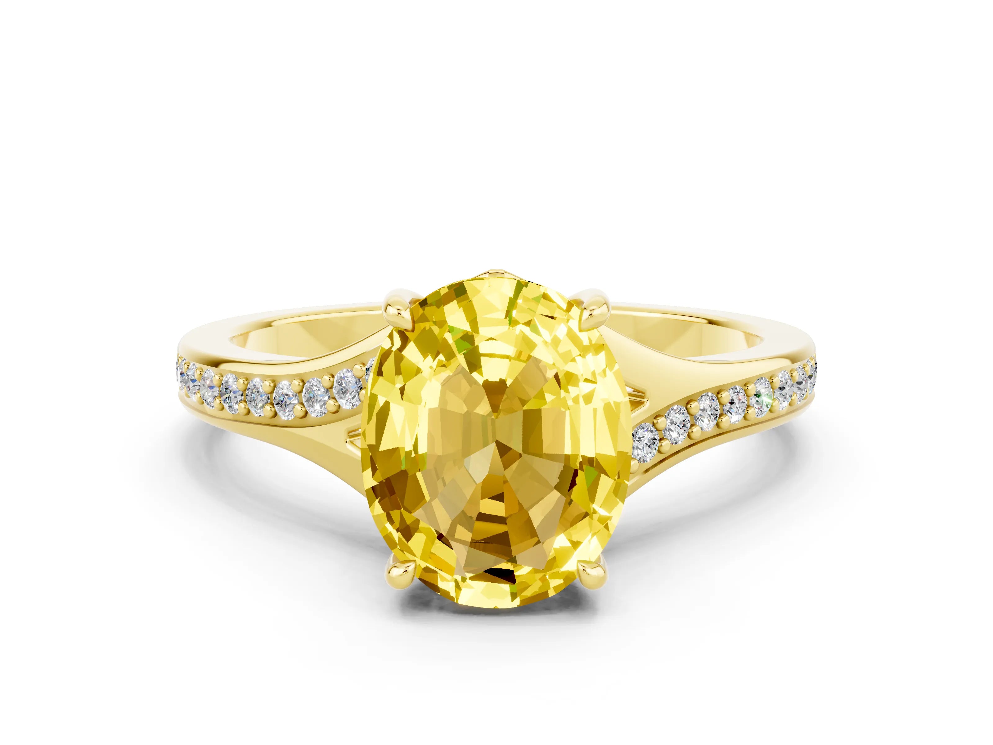 Yellow gold Oval Cut Yellow Sapphire Solitaire Ring with Pavé Band and Prong Setting