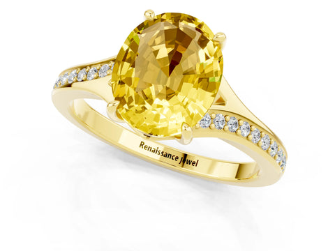 Yellow gold Oval Cut Yellow Sapphire Solitaire Ring with Pavé Band and Prong Setting_13