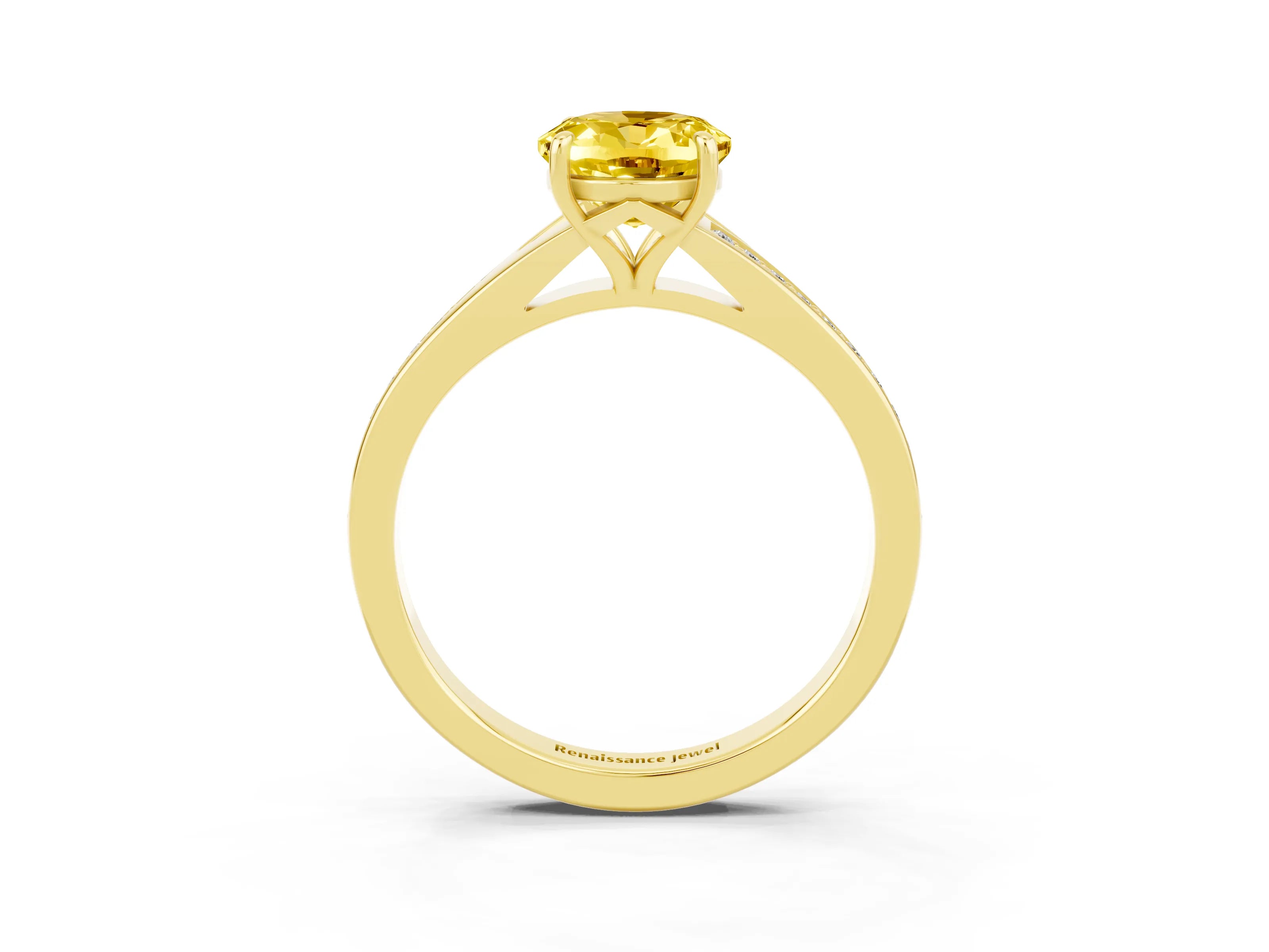 Yellow gold Oval Cut Yellow Sapphire Solitaire Ring with Pavé Band and Prong Setting_15
