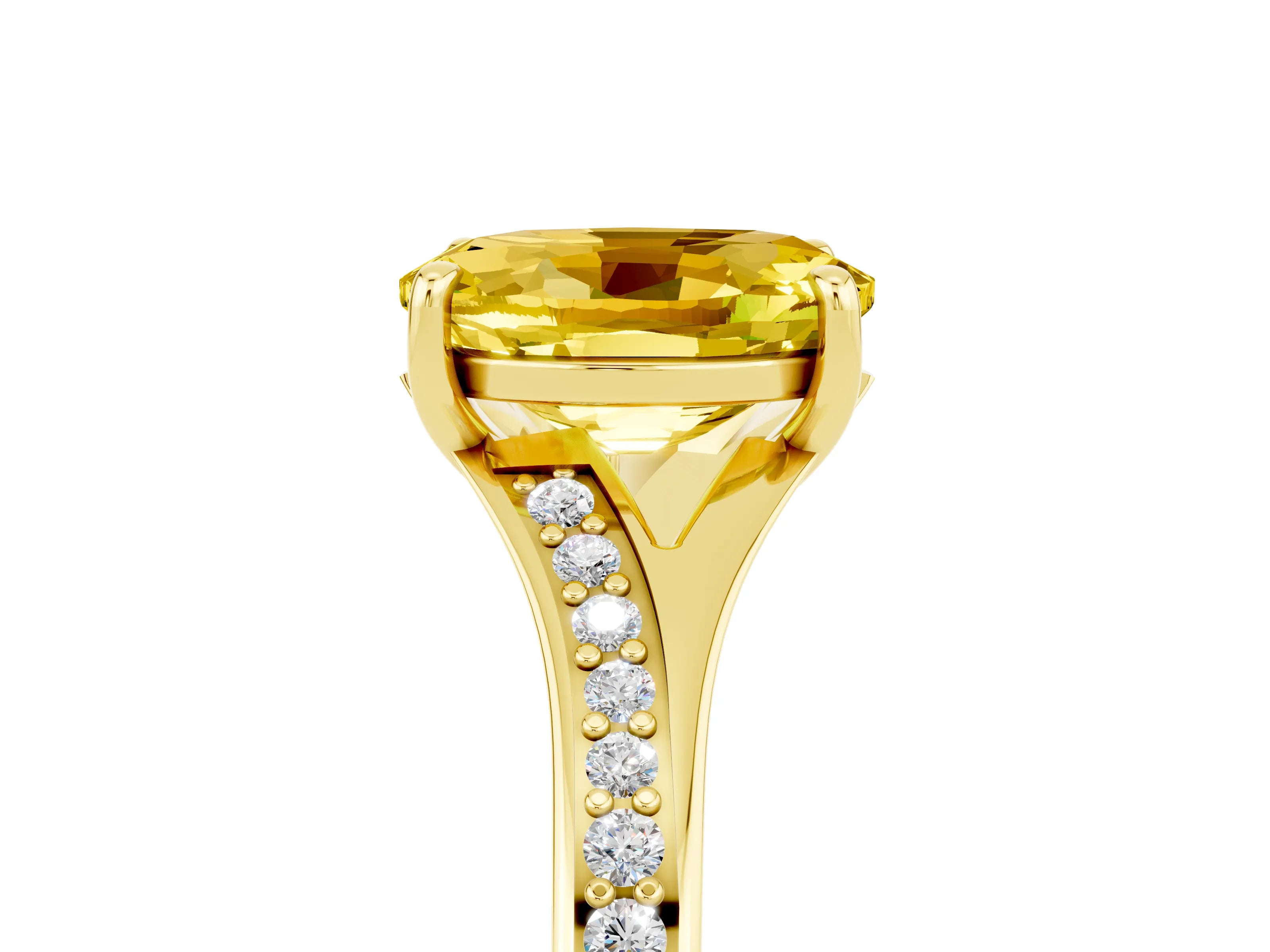 Yellow gold Oval Cut Yellow Sapphire Solitaire Ring with Pavé Band and Prong Setting_17