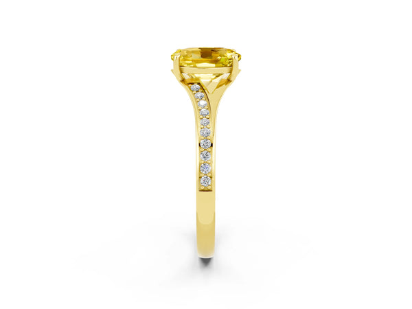 Yellow gold Oval Cut Yellow Sapphire Solitaire Ring with Pavé Band and Prong Setting