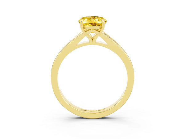 Yellow gold Oval Cut Yellow Sapphire Solitaire Ring with Pavé Band and Prong Setting