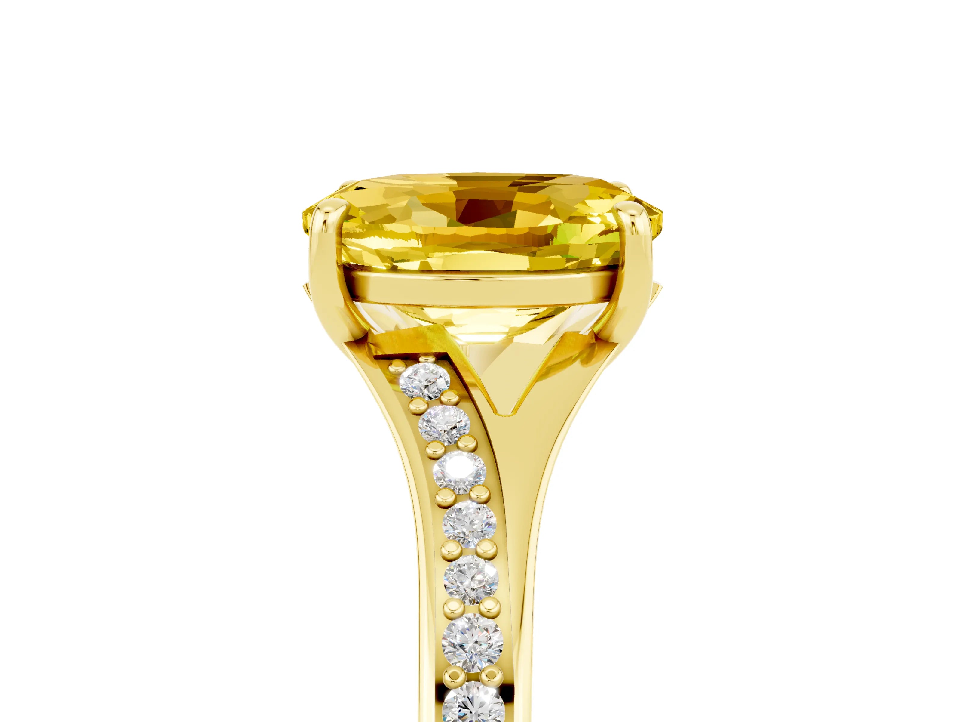 Yellow gold Oval Cut Yellow Sapphire Solitaire Ring with Pavé Band and Prong Setting_5