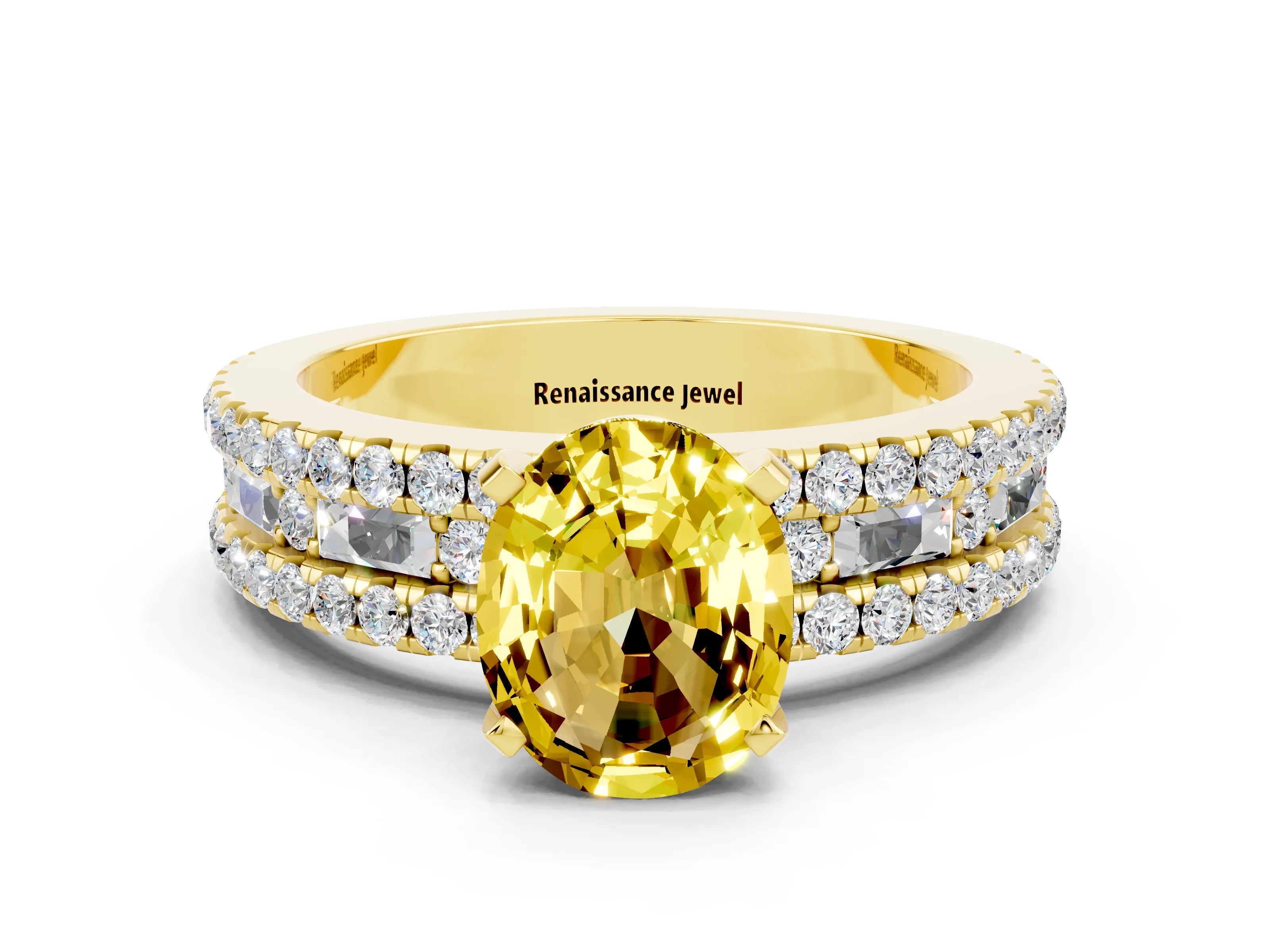 Yellow gold Oval Cut Yellow Sapphire Solitaire Ring with Pavé and Channel Set Band_24