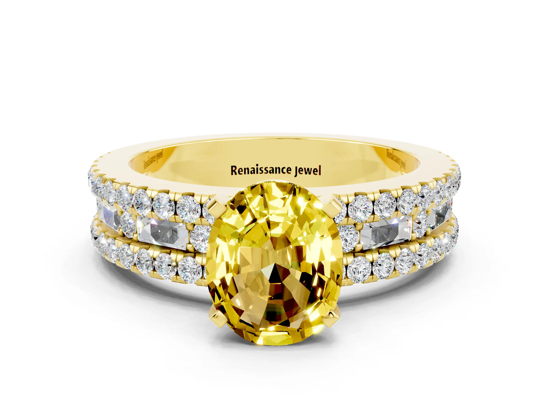 Yellow gold Oval Cut Yellow Sapphire Solitaire Ring with Pavé and Channel Set Band_24