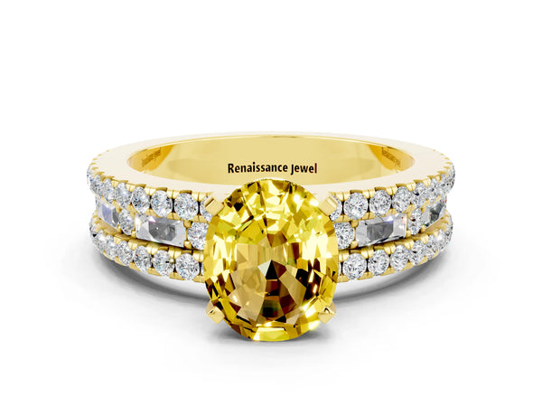 Yellow gold Oval Cut Yellow Sapphire Solitaire Ring with Pavé and Channel Set Band