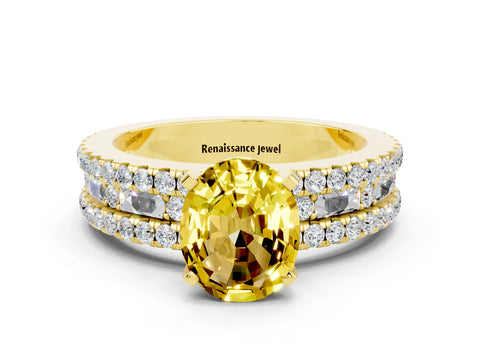 Yellow gold Oval Cut Yellow Sapphire Solitaire Ring with Pavé and Channel Set Band_24