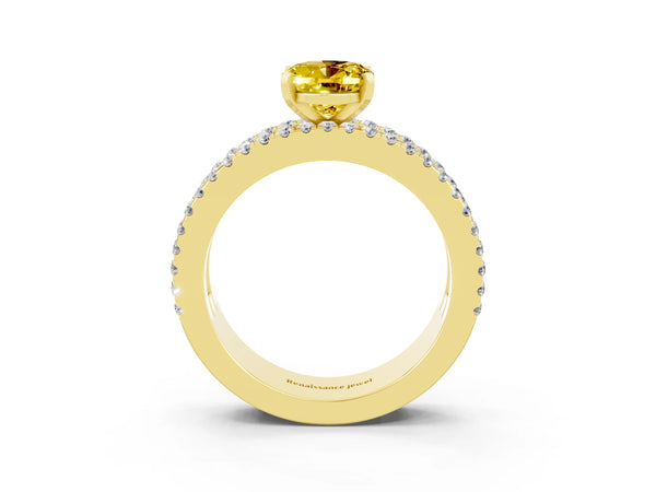 Yellow gold Oval Cut Yellow Sapphire Solitaire Ring with Pavé and Channel Set Band