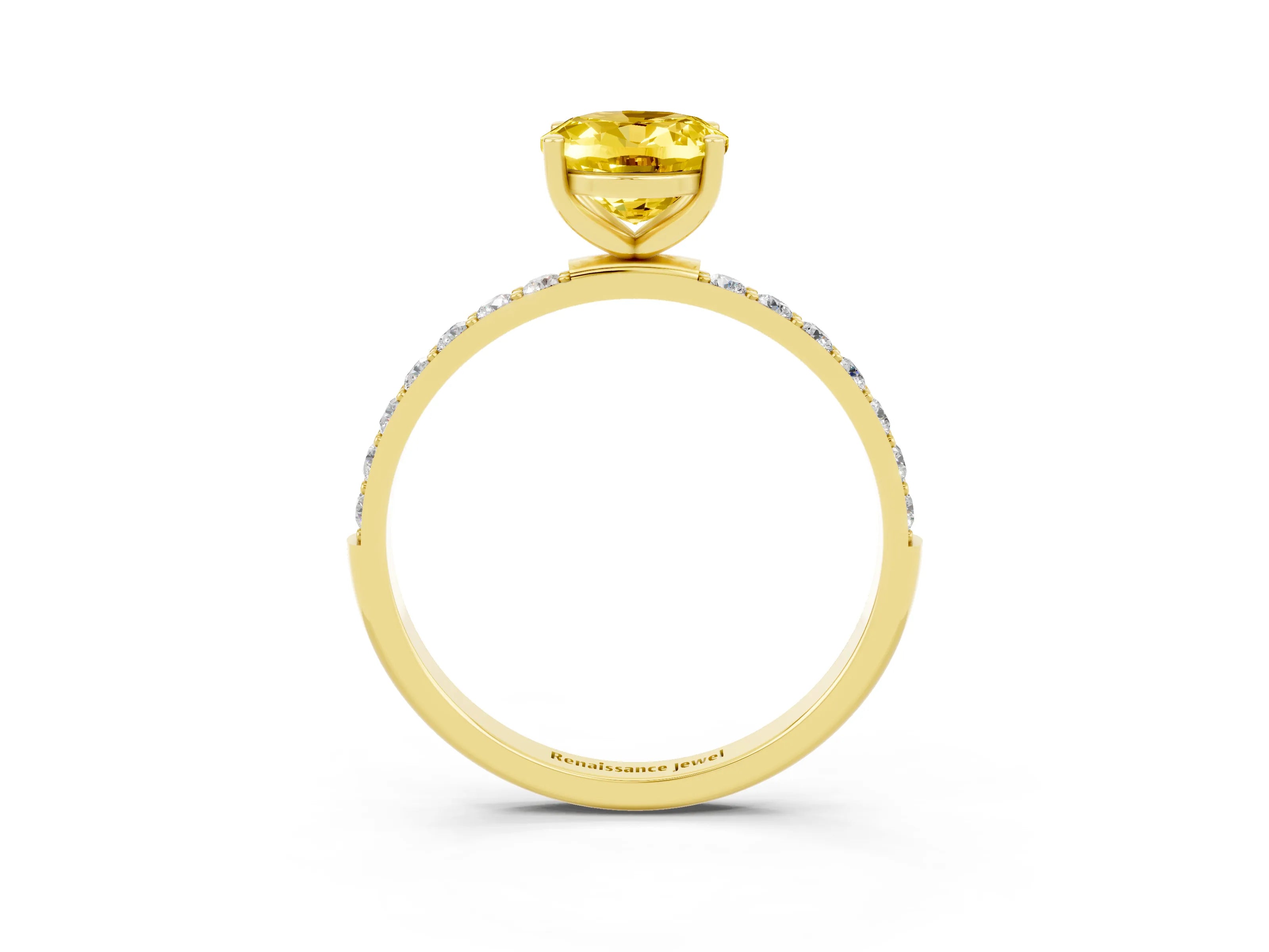 Yellow gold Oval Cut Yellow Sapphire Solitaire Ring with Pave Band and Four Prong Setting_3