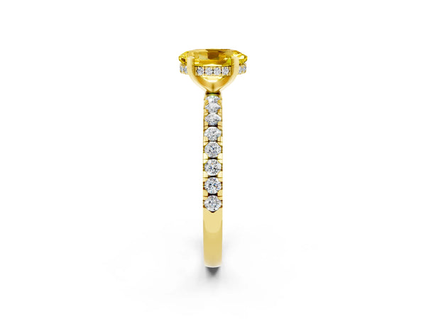 Yellow gold Oval Cut Yellow Sapphire Solitaire Ring with Round Pavé Band and Four-Prong Setting