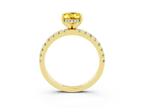 Yellow gold Oval Cut Yellow Sapphire Solitaire Ring with Round Pavé Band and Four-Prong Setting