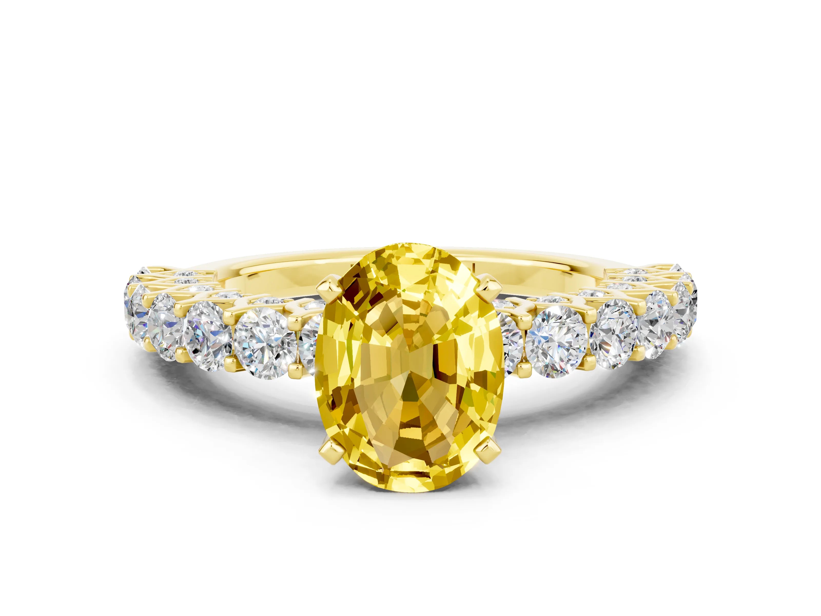 Yellow gold Oval Cut Yellow Sapphire Solitaire Ring with Shared Prong Pavé Band and Four-Prong Setting