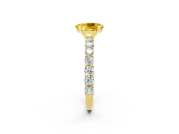Yellow gold Oval Cut Yellow Sapphire Solitaire Ring with Shared Prong Pavé Band and Four-Prong Setting