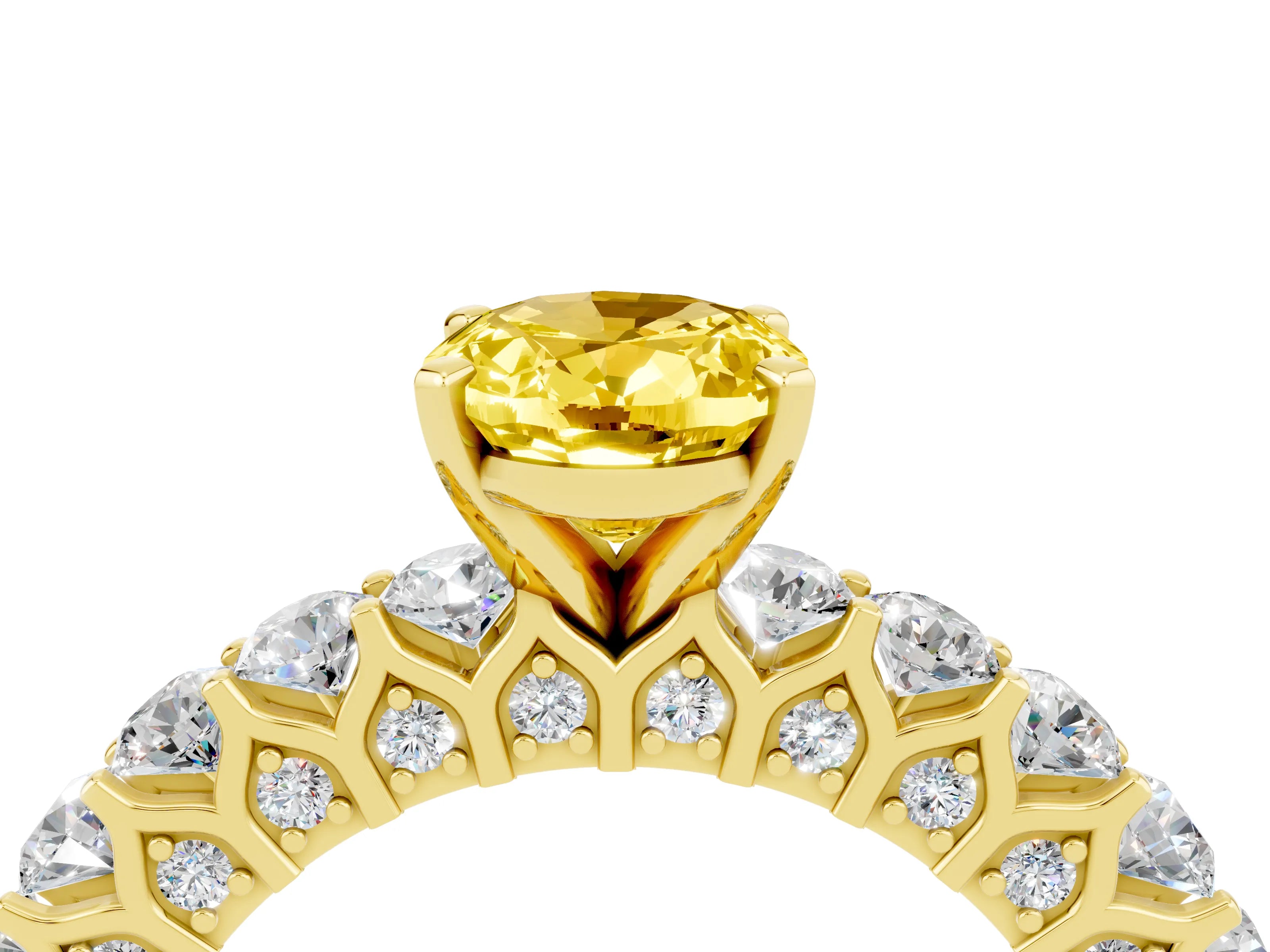 Yellow gold Oval Cut Yellow Sapphire Solitaire Ring with Shared Prong Pavé Band and Four-Prong Setting_4