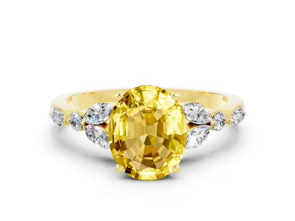 Yellow gold Oval Cut Yellow Sapphire Solitaire Ring with Side Stones and Four-Prong Setting