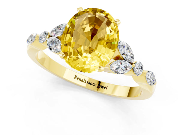 Yellow gold Oval Cut Yellow Sapphire Solitaire Ring with Side Stones and Four-Prong Setting
