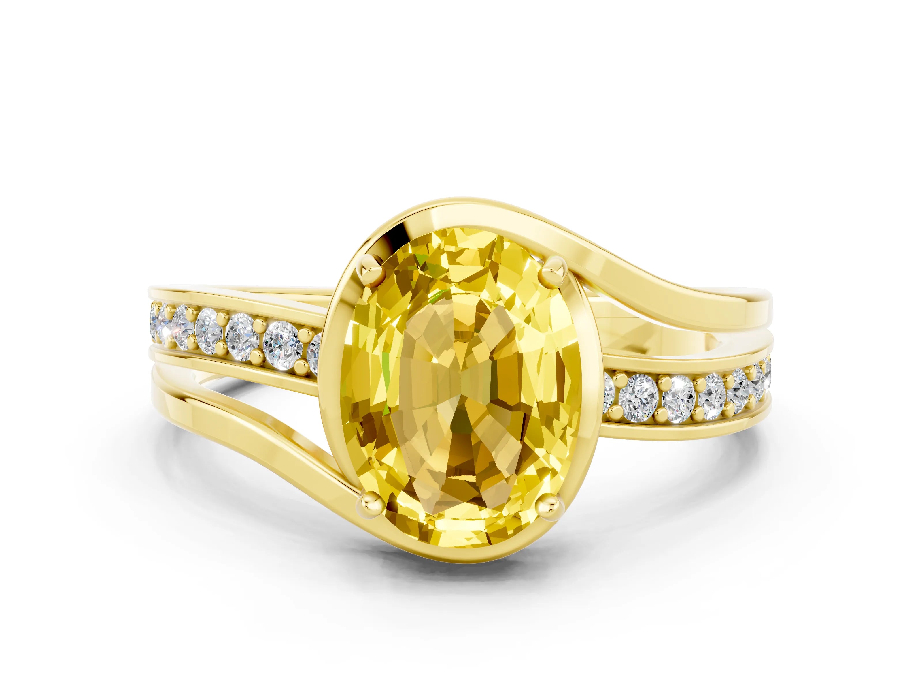 Yellow gold Oval Cut Yellow Sapphire Solitaire Ring with Split Shank and Prong Setting