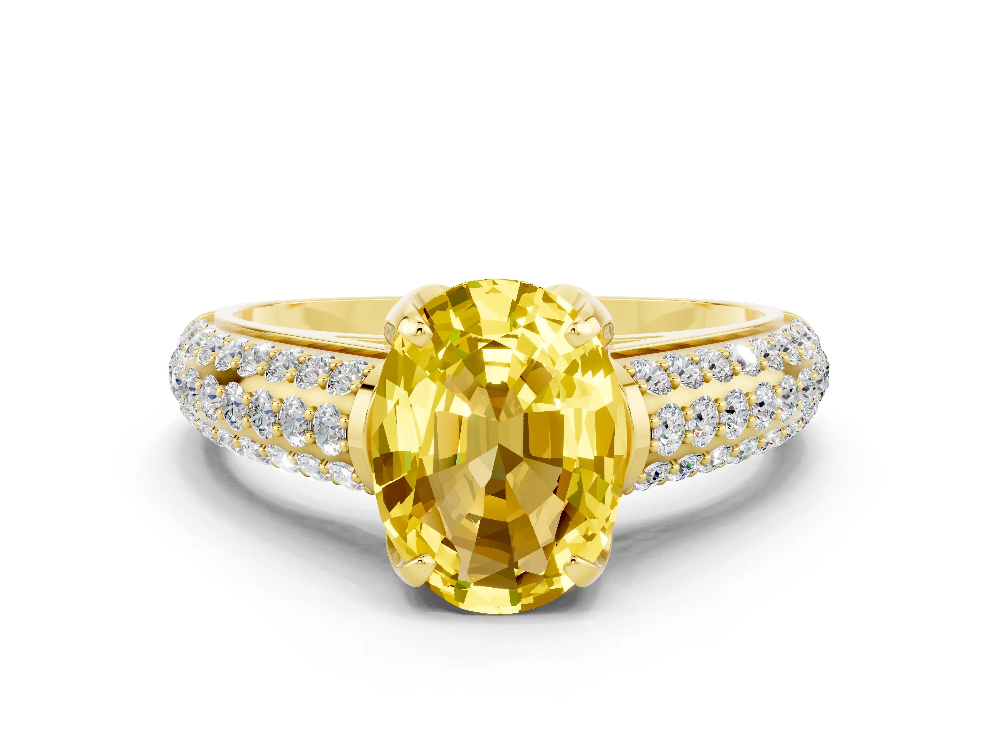 Yellow gold Oval Cut Yellow Sapphire Solitaire Ring with Three-Row Pavé Band and Four-Prong Setting_12