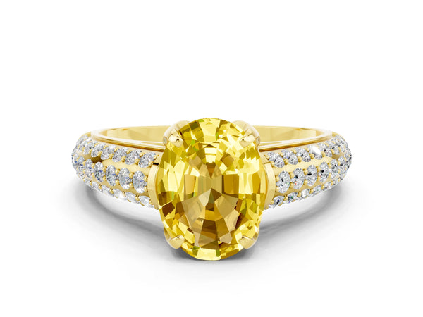 Yellow gold Oval Cut Yellow Sapphire Solitaire Ring with Three-Row Pavé Band and Four-Prong Setting