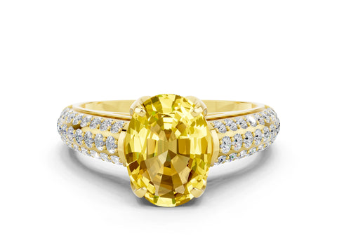 Yellow gold Oval Cut Yellow Sapphire Solitaire Ring with Three-Row Pavé Band and Four-Prong Setting_12