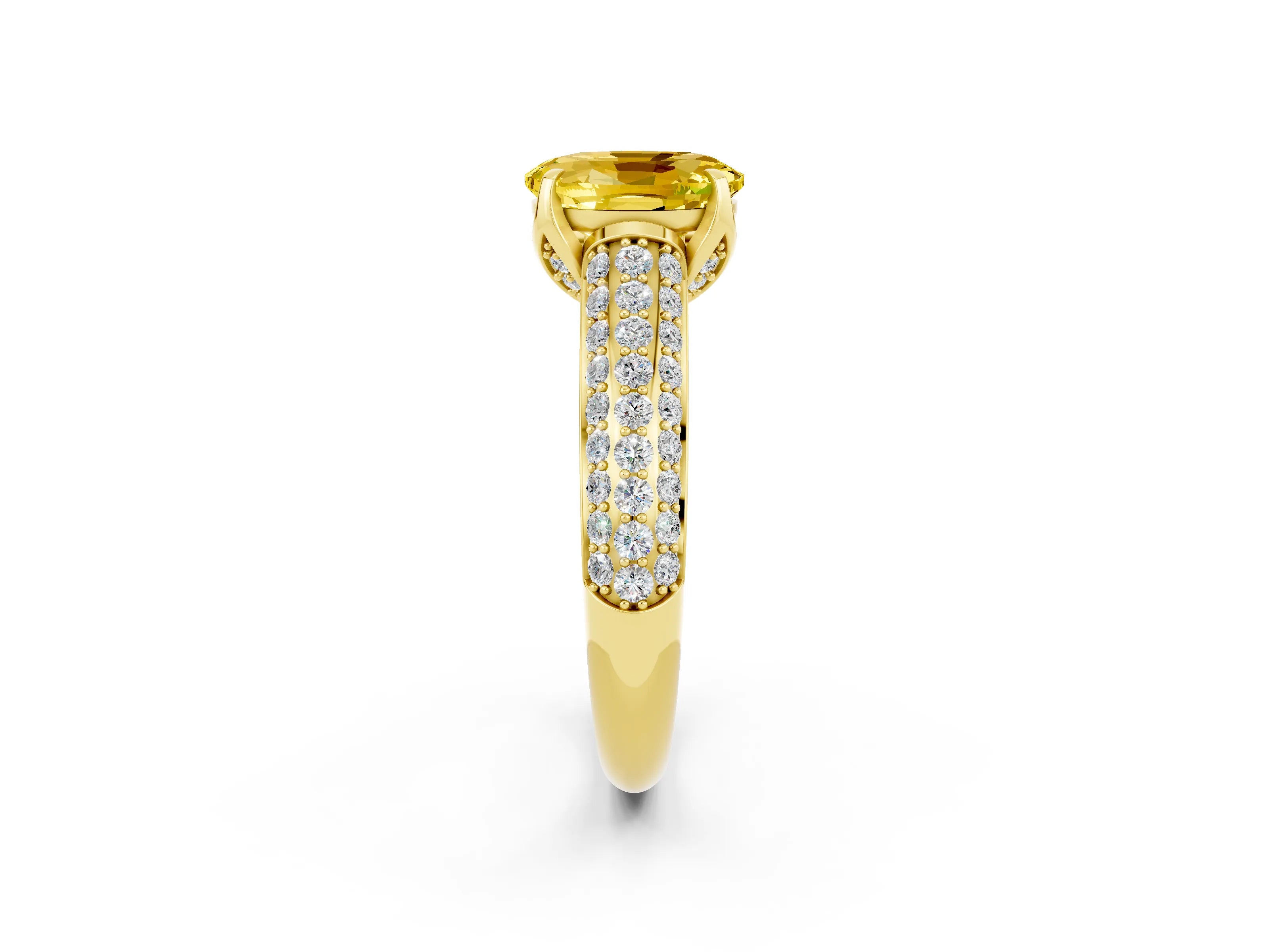 Yellow gold Oval Cut Yellow Sapphire Solitaire Ring with Three-Row Pavé Band and Four-Prong Setting_14