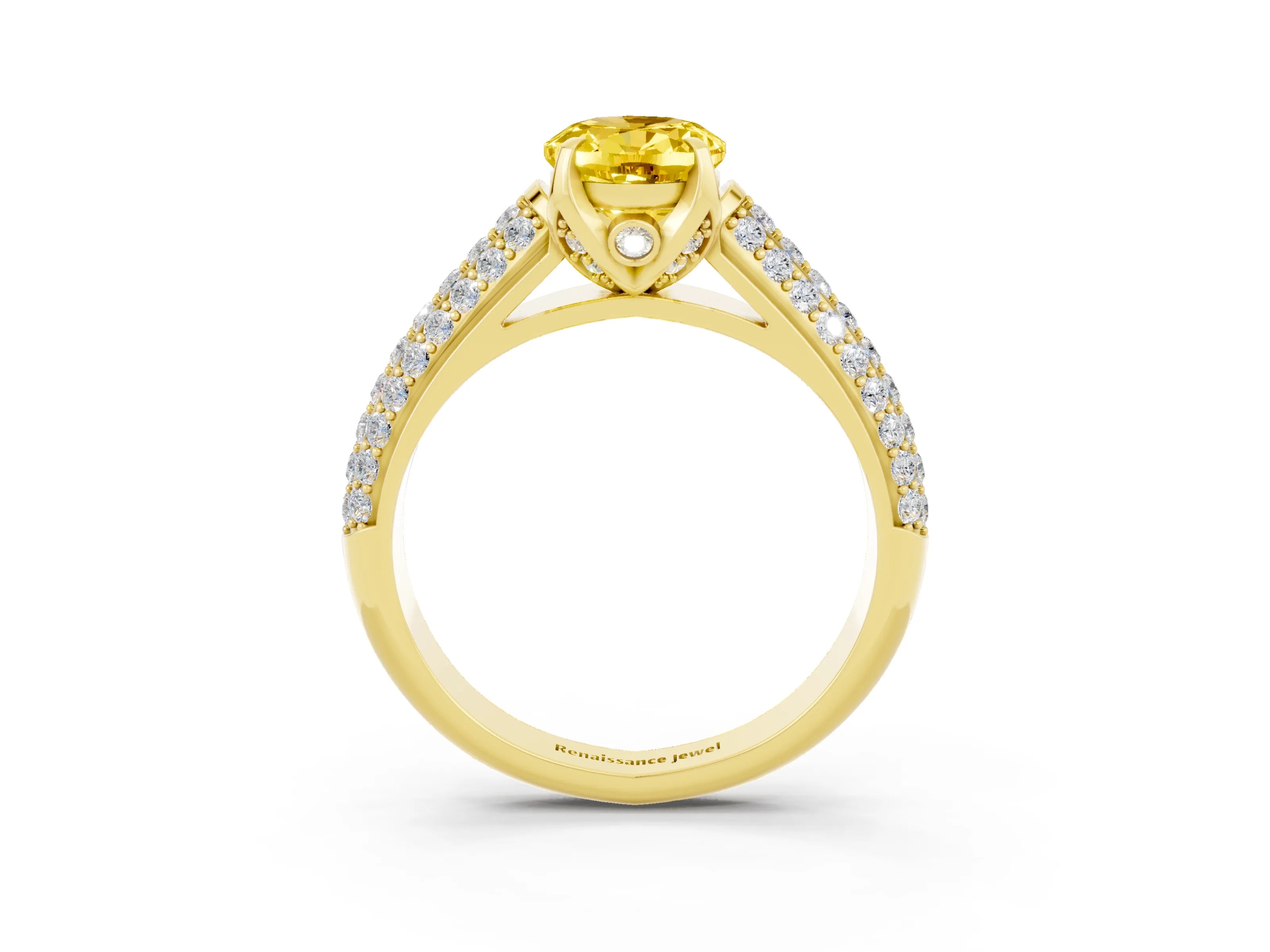 Yellow gold Oval Cut Yellow Sapphire Solitaire Ring with Three-Row Pavé Band and Four-Prong Setting_15