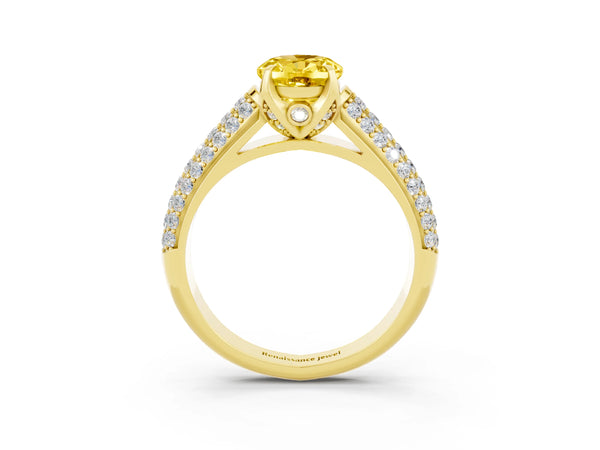Yellow gold Oval Cut Yellow Sapphire Solitaire Ring with Three-Row Pavé Band and Four-Prong Setting