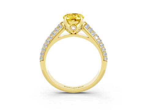 Yellow gold Oval Cut Yellow Sapphire Solitaire Ring with Three-Row Pavé Band and Four-Prong Setting_15