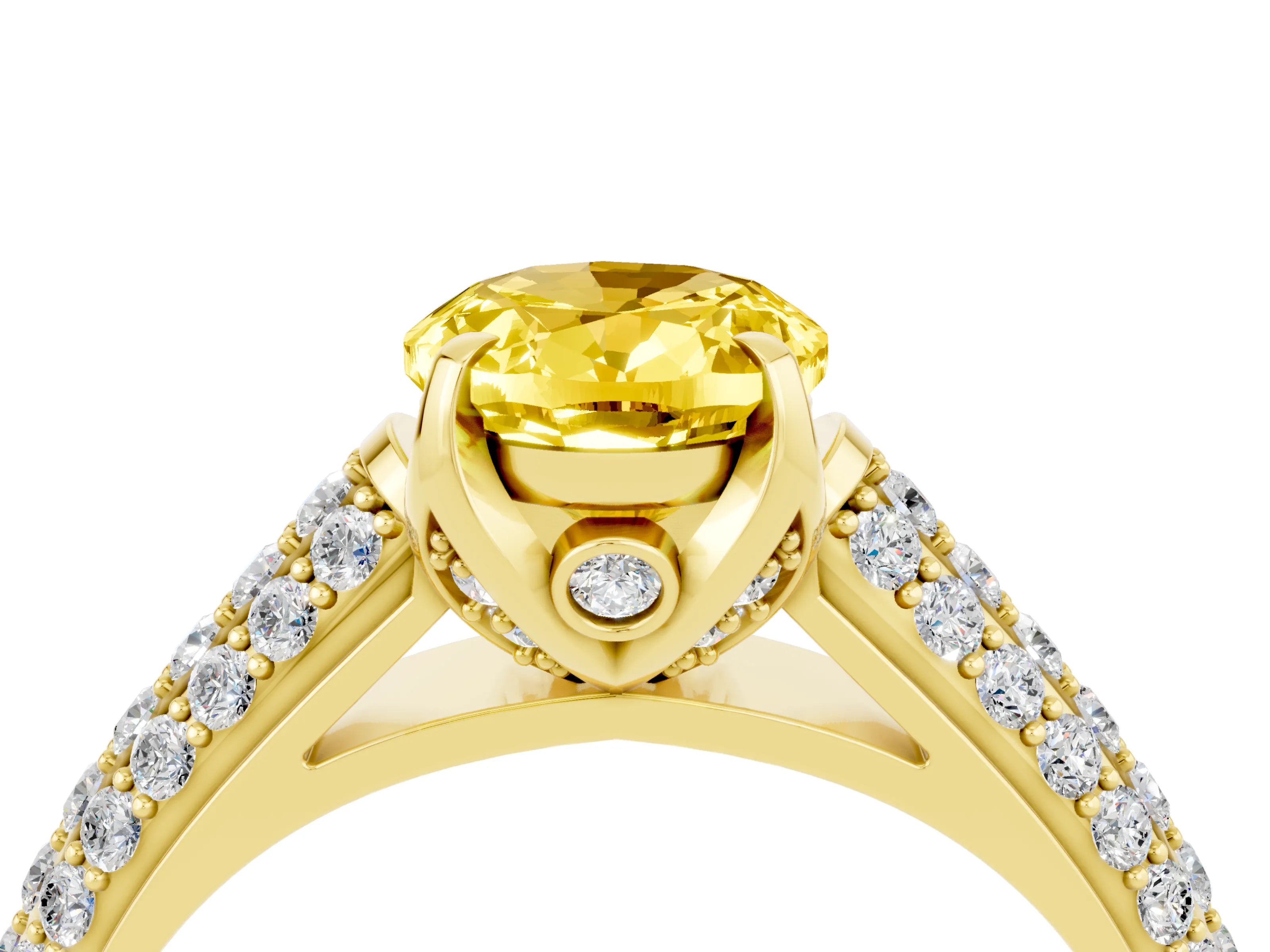 Yellow gold Oval Cut Yellow Sapphire Solitaire Ring with Three-Row Pavé Band and Four-Prong Setting_16