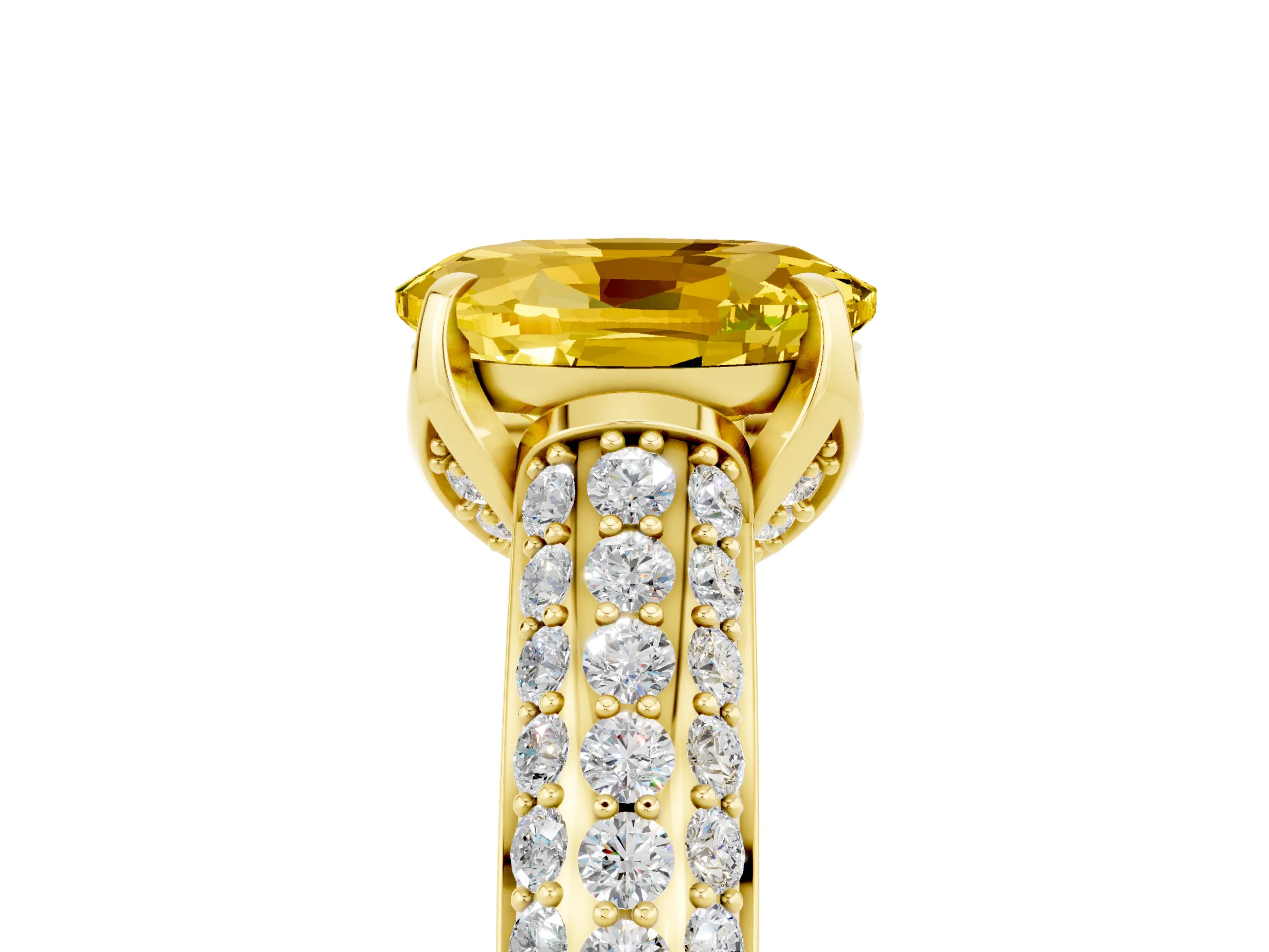 Yellow gold Oval Cut Yellow Sapphire Solitaire Ring with Three-Row Pavé Band and Four-Prong Setting_17