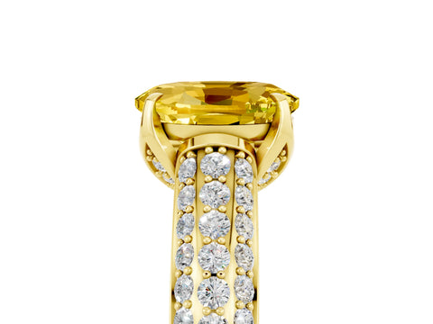 Yellow gold Oval Cut Yellow Sapphire Solitaire Ring with Three-Row Pavé Band and Four-Prong Setting_17