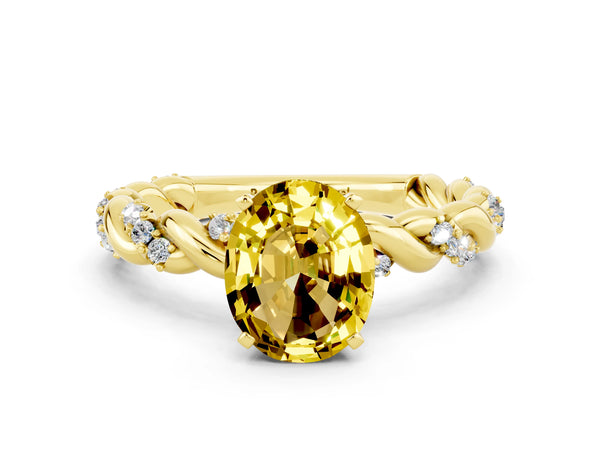 Yellow gold Oval Cut Yellow Sapphire Solitaire Ring with Twisted Band and Pavé Accents