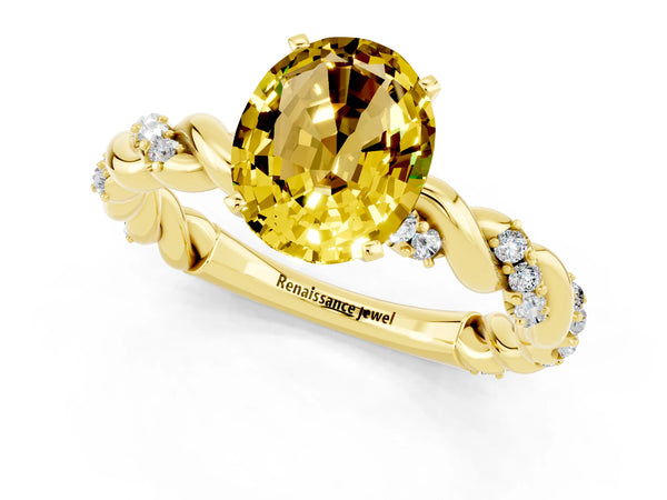 Yellow gold Oval Cut Yellow Sapphire Solitaire Ring with Twisted Band and Pavé Accents