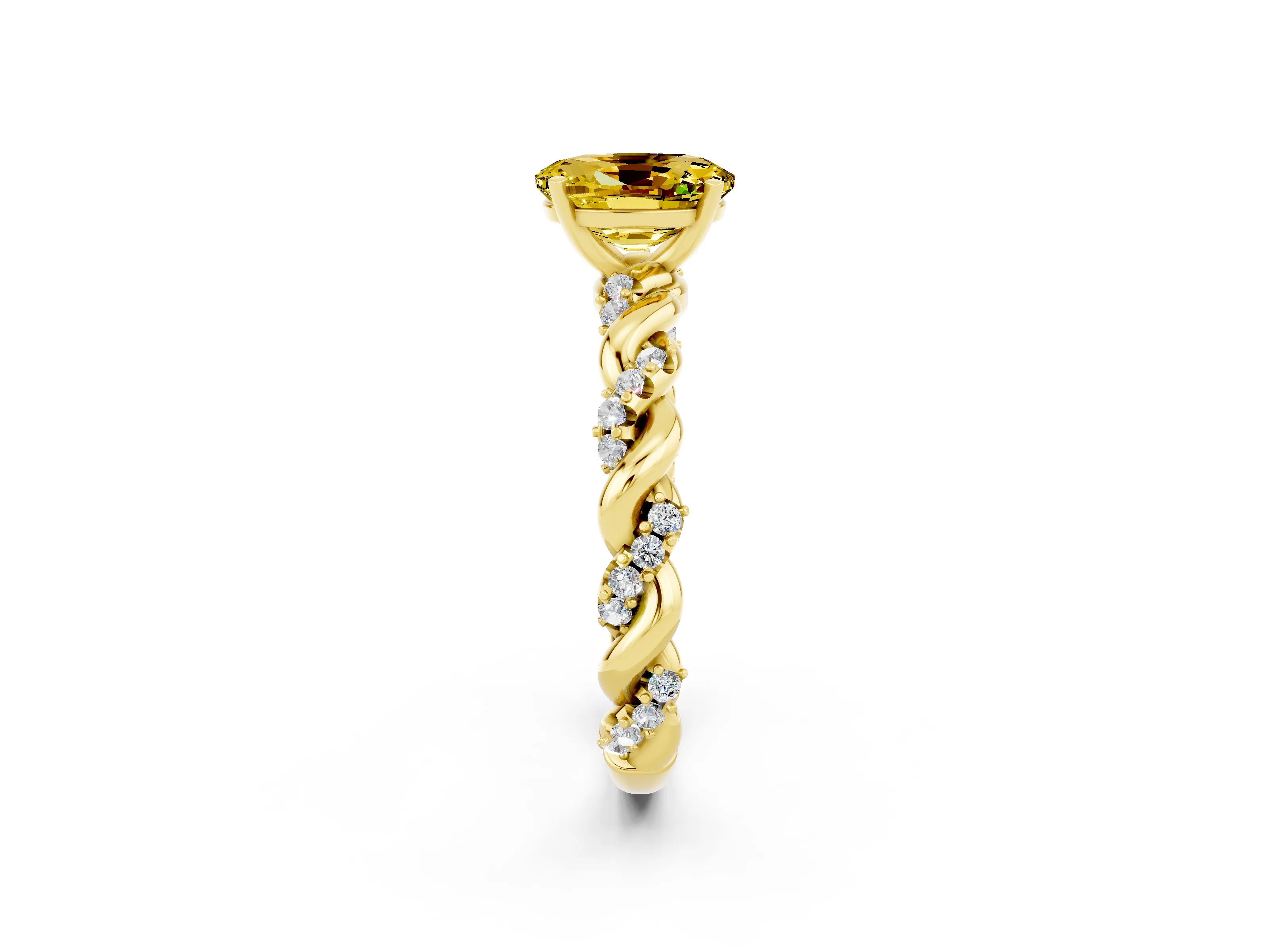 Yellow gold Oval Cut Yellow Sapphire Solitaire Ring with Twisted Band and Pavé Accents_2