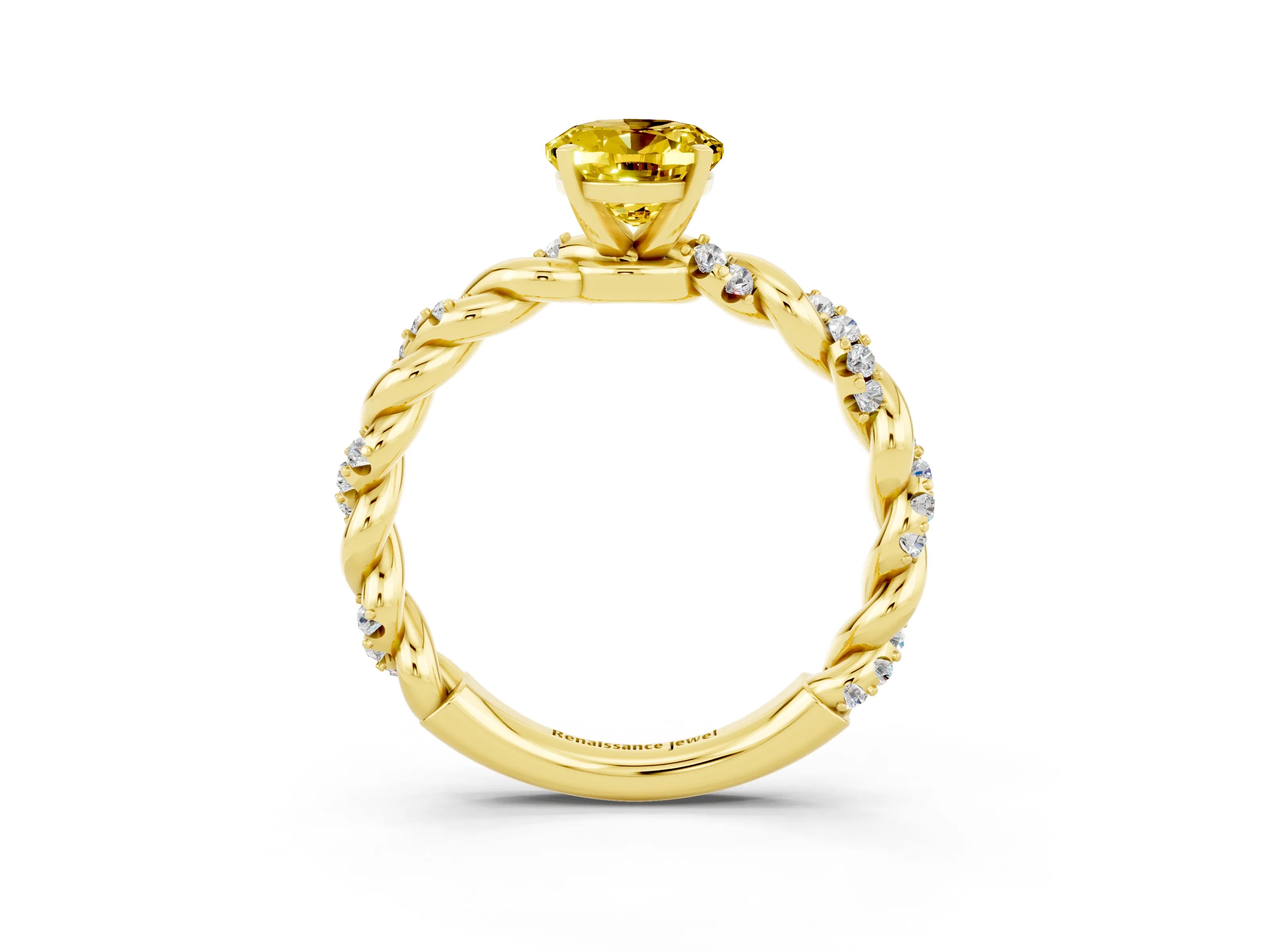 Yellow gold Oval Cut Yellow Sapphire Solitaire Ring with Twisted Band and Pavé Accents_3