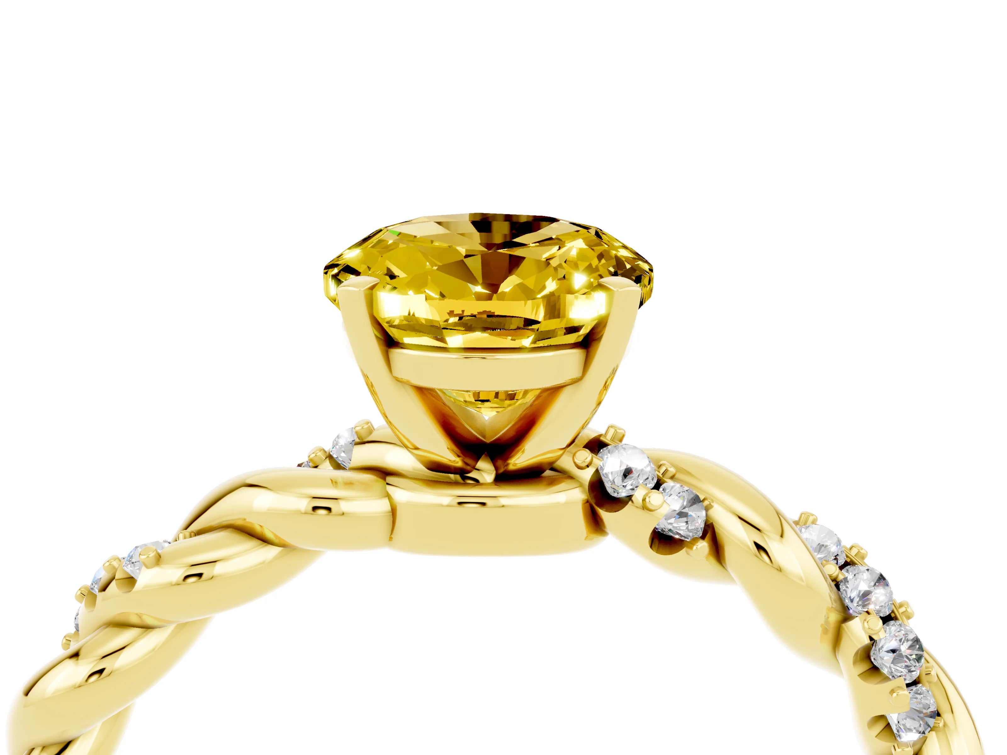 Yellow gold Oval Cut Yellow Sapphire Solitaire Ring with Twisted Band and Pavé Accents_4