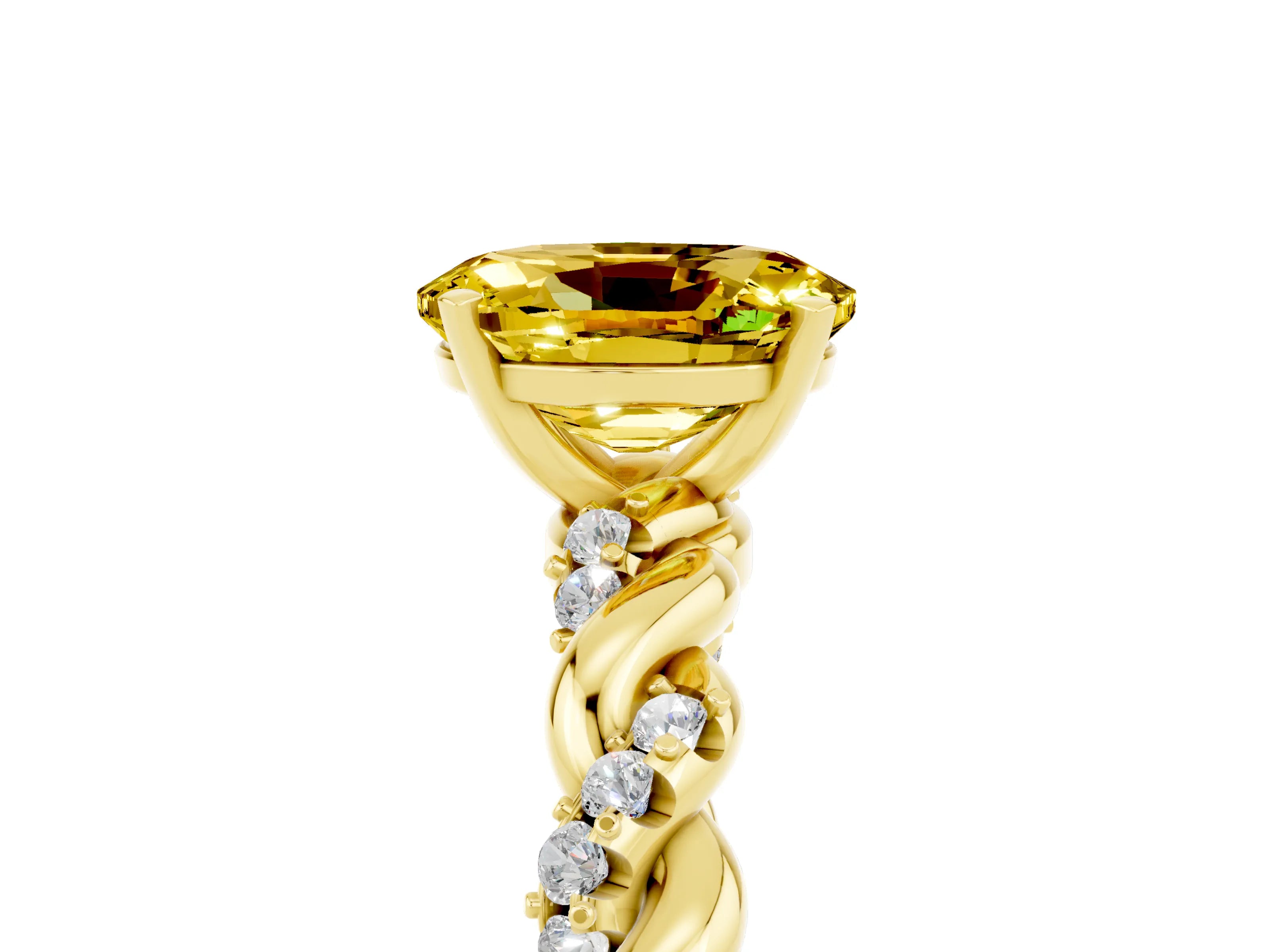 Yellow gold Oval Cut Yellow Sapphire Solitaire Ring with Twisted Band and Pavé Accents_5