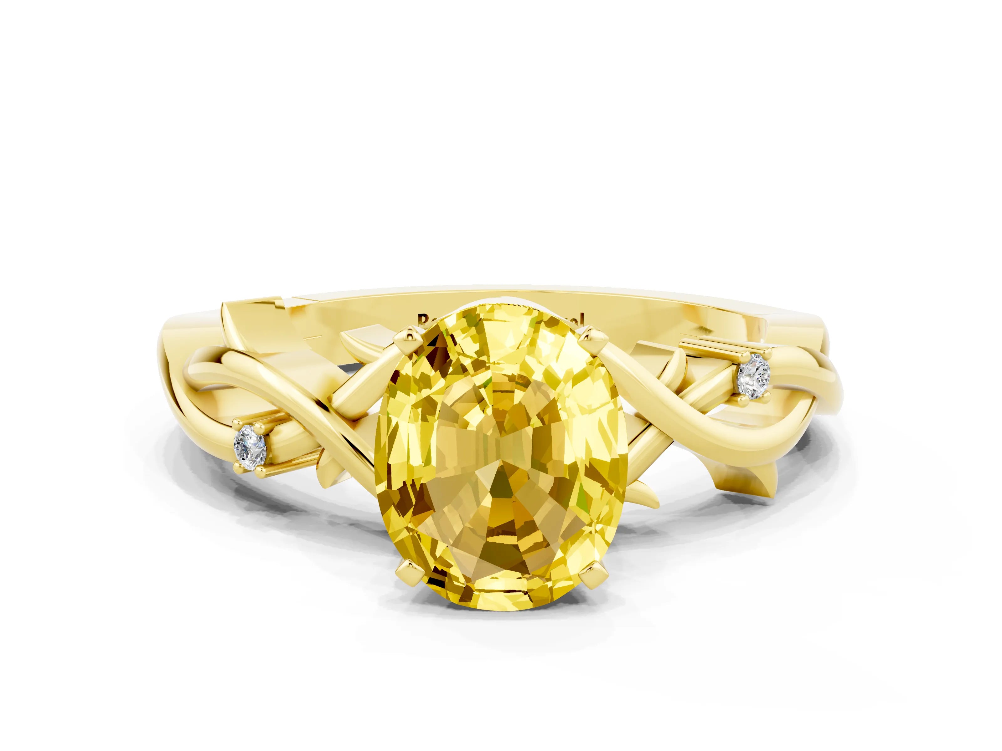 Yellow gold Oval Cut Yellow Sapphire Solitaire Ring with Twisted Band and Prong Setting