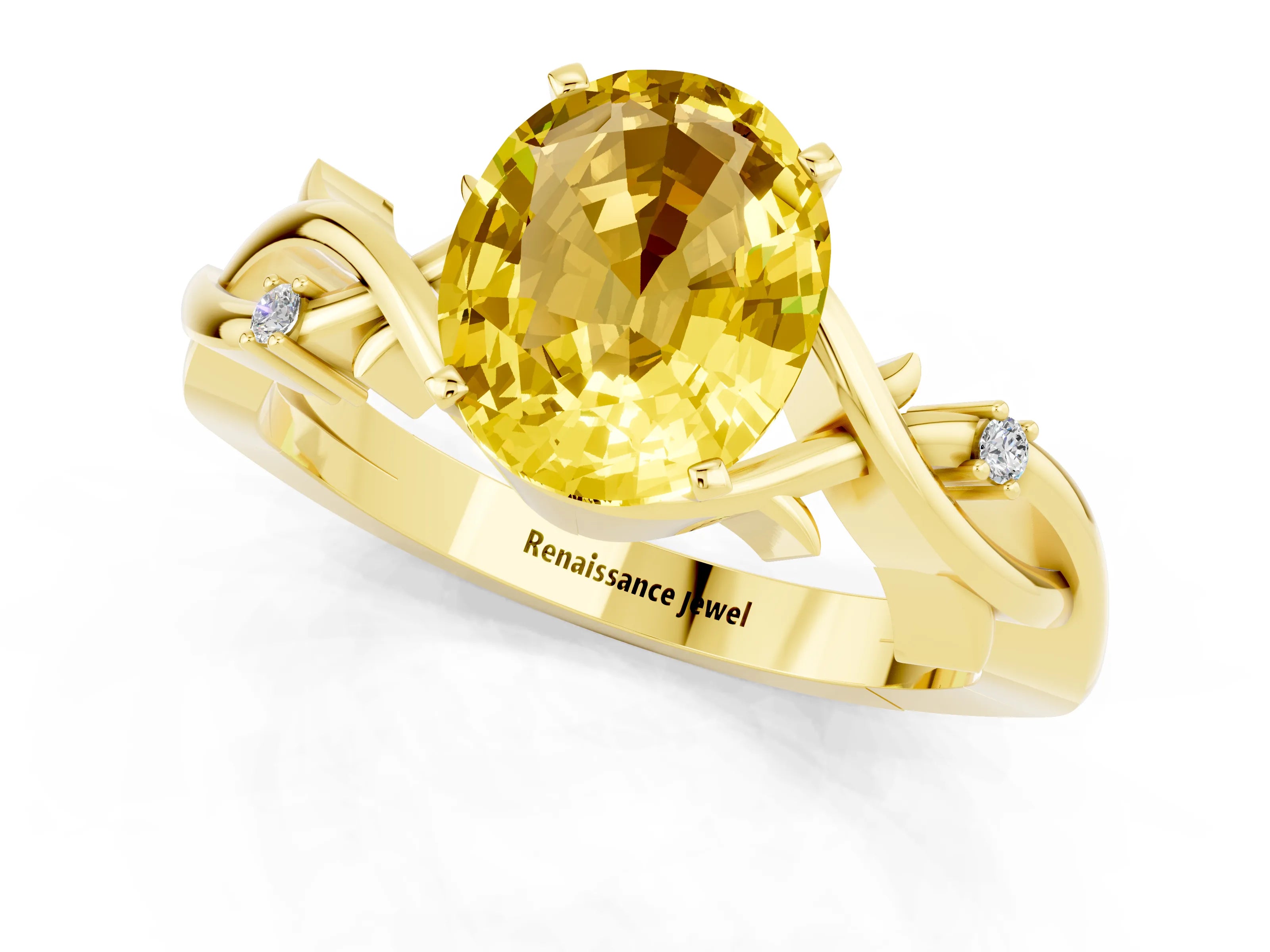 Yellow gold Oval Cut Yellow Sapphire Solitaire Ring with Twisted Band and Prong Setting_1