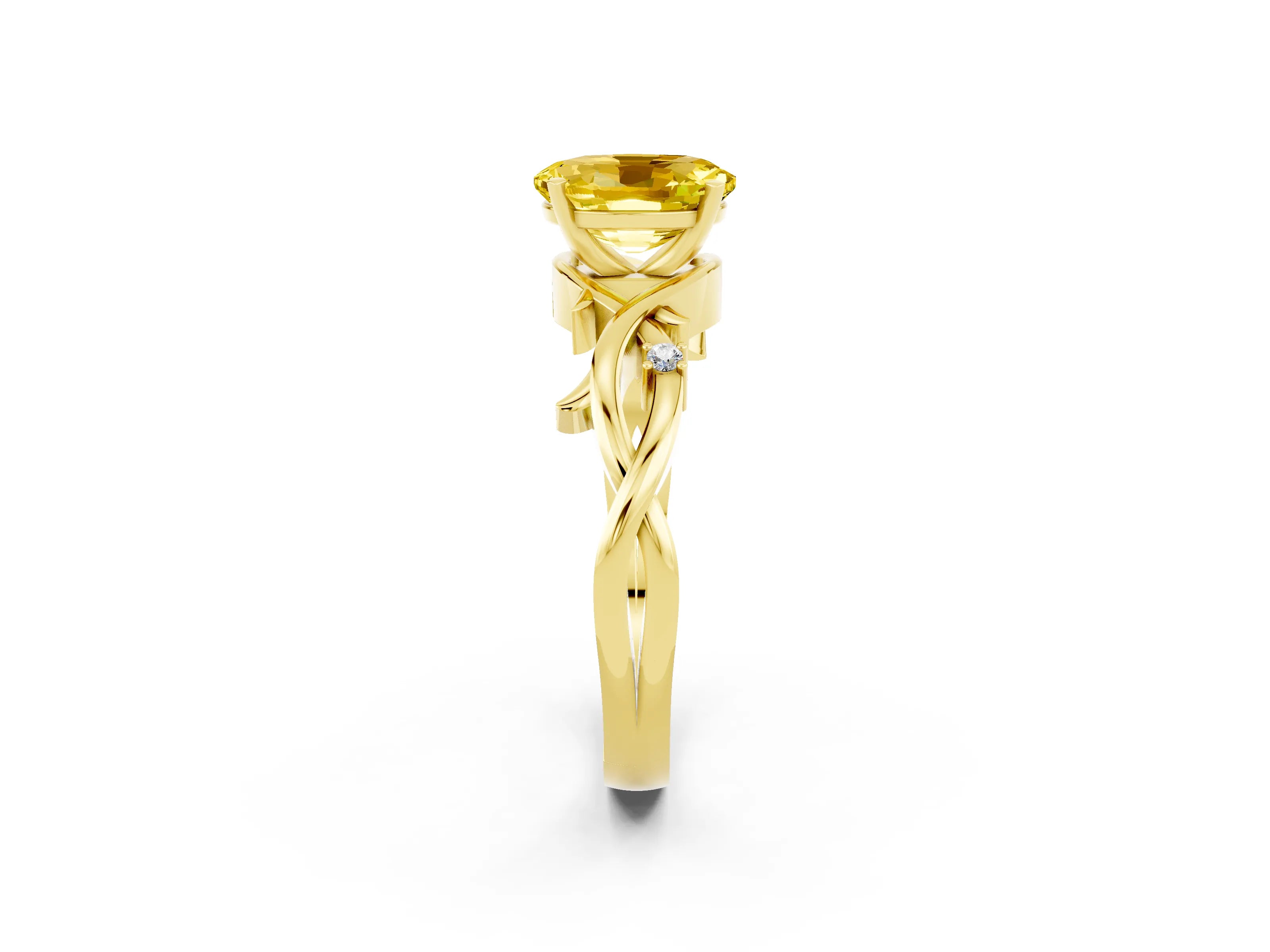 Yellow gold Oval Cut Yellow Sapphire Solitaire Ring with Twisted Band and Prong Setting_2