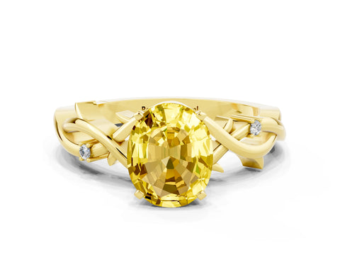 Yellow gold Oval Cut Yellow Sapphire Solitaire Ring with Twisted Band and Prong Setting