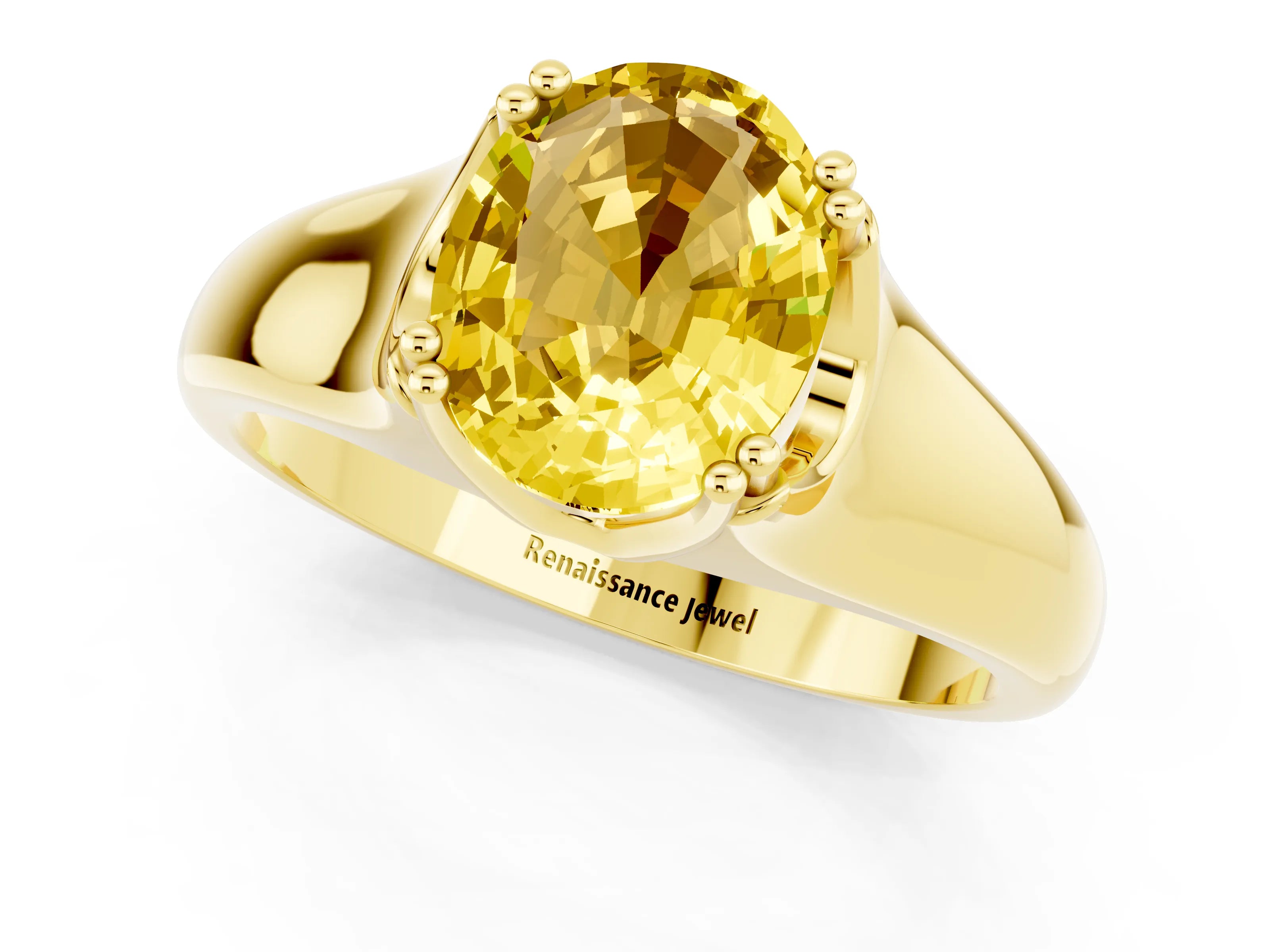 Yellow gold Oval Cut Yellow Sapphire Solitaire Ring with Wide Band and Prong Setting_25