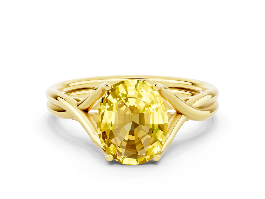 Yellow gold Oval Cut Yellow Sapphire Solitaire Twist Band Prong Setting Ring_84