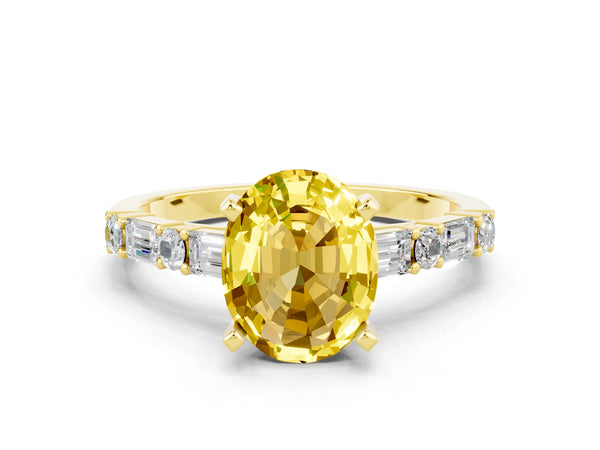 Yellow gold Oval Cut Yellow Sapphire Solitaire with Side Baguettes and Channel Set Band