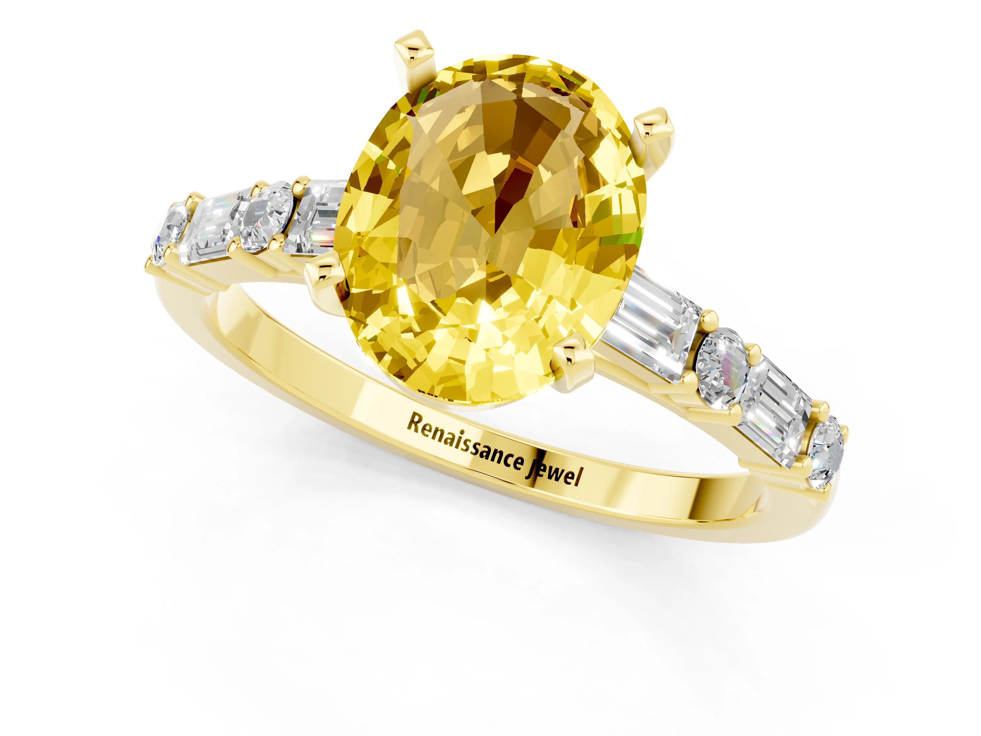 Yellow gold Oval Cut Yellow Sapphire Solitaire with Side Baguettes and Channel Set Band_25