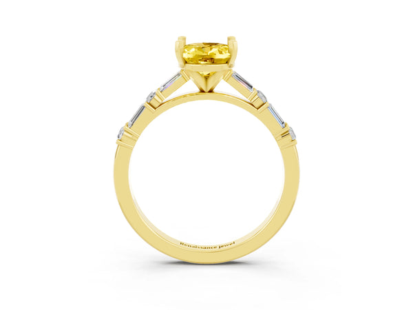 Yellow gold Oval Cut Yellow Sapphire Solitaire with Side Baguettes and Channel Set Band