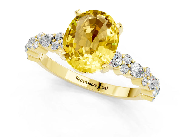 Yellow gold Oval Cut Yellow Sapphire Side Stone Solitaire Ring with Round  and Four-Prong Setting